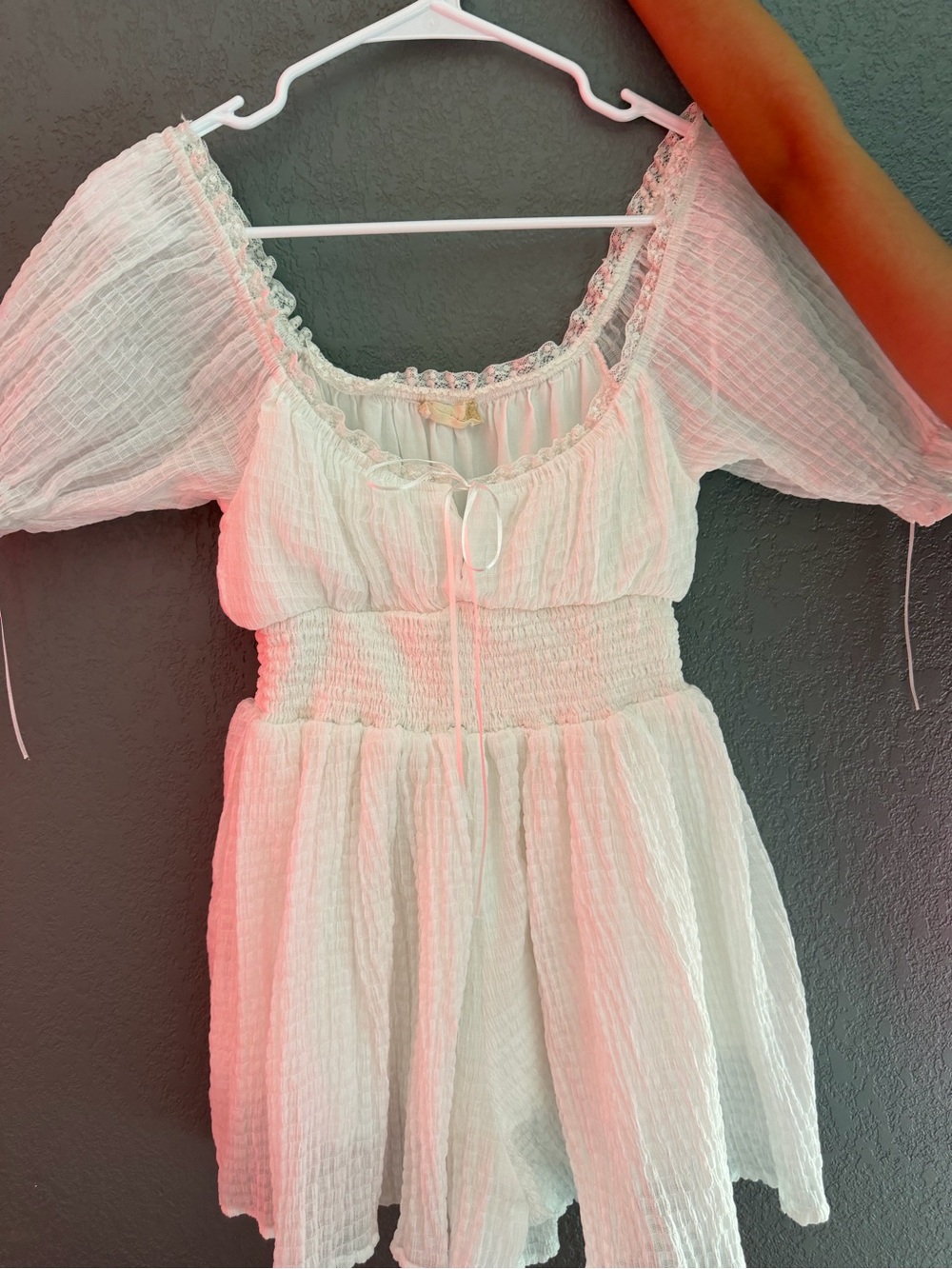 Girls White Smocked Waist Puff Sleeve Dress
